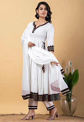 Contrast Border Pure Rayon A Line Suit in White