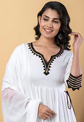 Contrast Border Pure Rayon A Line Suit in White