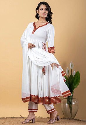 Contrast Border Pure Rayon A Line Suit in White