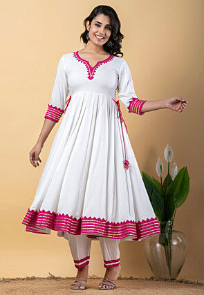 Contrast Border Pure Rayon A Line Suit in White