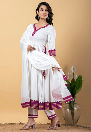 Contrast Border Pure Rayon A Line Suit in White