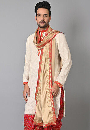 Contrast Border Satin Dupatta in Beige