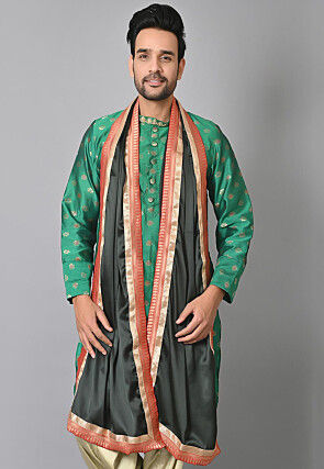 Contrast Border Satin Dupatta in Dark Green