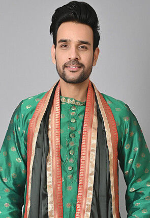 Contrast Border Satin Dupatta in Dark Green