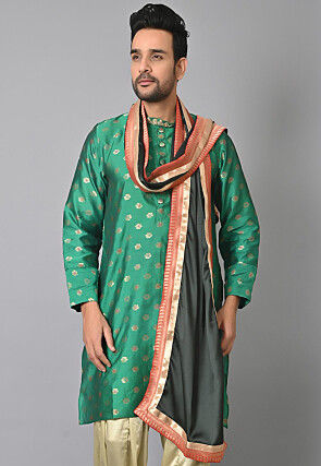 Contrast Border Satin Dupatta in Dark Green