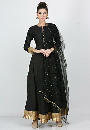 Contrast Border Taffeta Silk Abaya Style Suit in Black