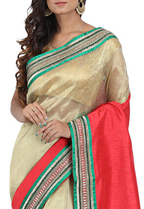 Contrast Border Tissue Saree in Beige and Red