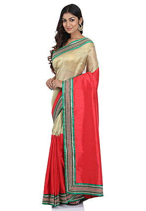 Contrast Border Tissue Saree in Beige and Red