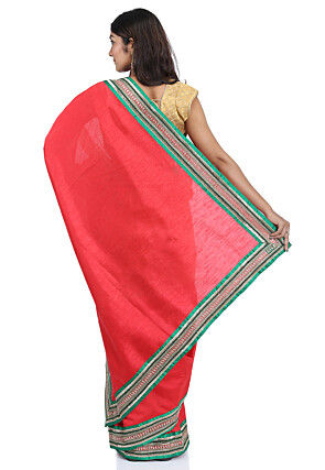 Contrast Border Tissue Saree in Beige and Red