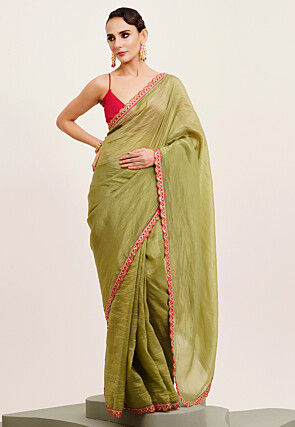Contrast Border Tissue Saree in Olive Green