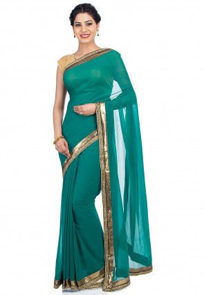 Contrast Border Viscose Georgette Saree in Teal Green