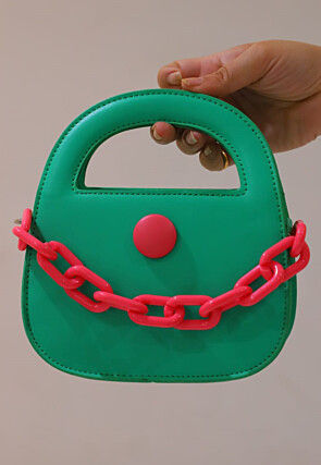 Contrast Button Leather Clutch Bag in Green