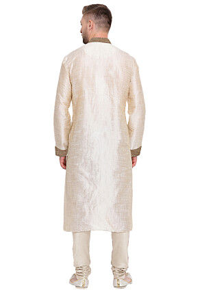 Contrast Collar Art Silk Kurta in Cream