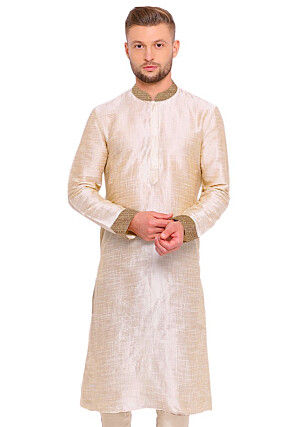 Contrast Collar Art Silk Kurta in Cream