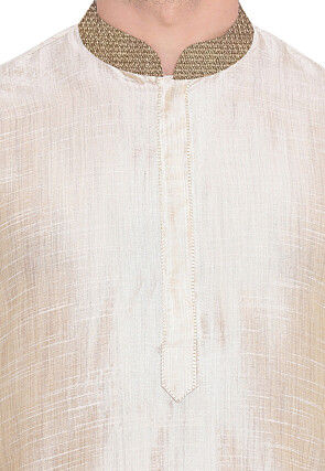 Contrast Collar Art Silk Kurta in Cream