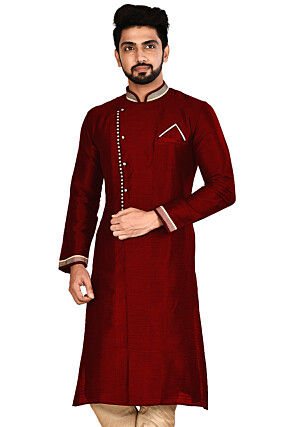 Contrast Collar Art Silk Sherwani in Maroon