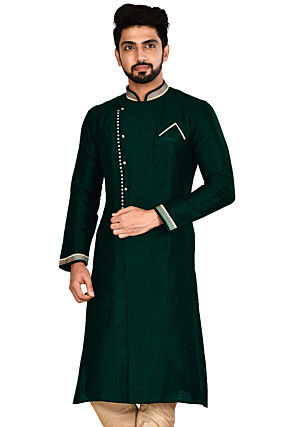 Contrast Collar Art Silk Sherwani in Teal Green