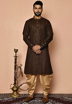Contrast Collar Cotton Kurta Set in Brown