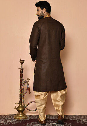 Contrast Collar Cotton Kurta Set in Brown