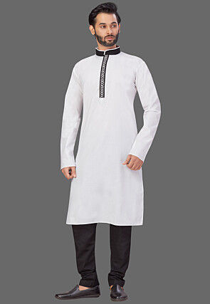 Contrast Collar Cotton Kurta Set in White