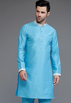 Contrast Collar Cotton Silk Kurta in Sky Blue