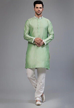 Contrast Collar Cotton Silk Kurta Set in Sea Green