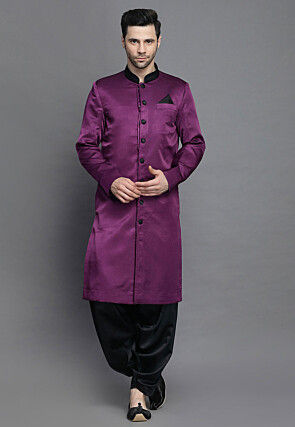 Contrast Collar Crepe Sherwani in Purple