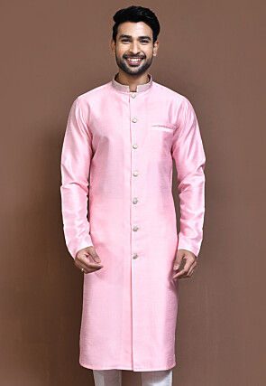 Contrast Collar Dupion Silk Sherwani in Pink