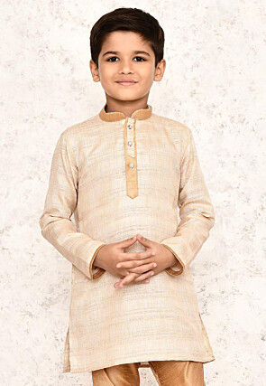 Contrast Collar Jute Cotton Kurta in Beige