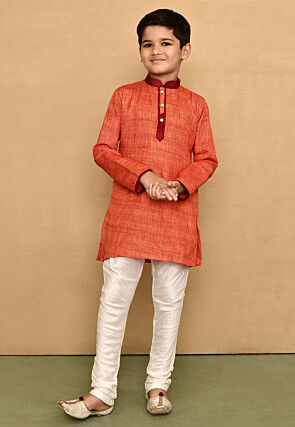 Contrast Collar Jute Cotton Kurta Set in Orange