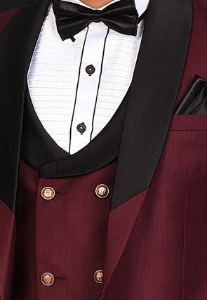 Contrast Collar Polyester Three piece Tuxedo Set in Maroon
