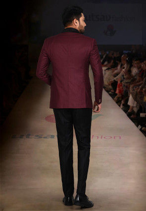 Contrast Collar Polyester Three piece Tuxedo Set in Maroon