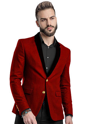 Contrast Collar Velvet Blazer in Red