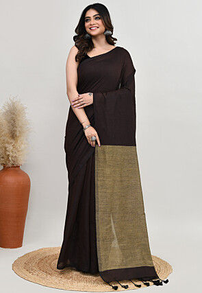 Contrast Cotton Saree in Dark Brown