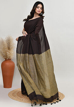 Contrast Cotton Saree in Dark Brown