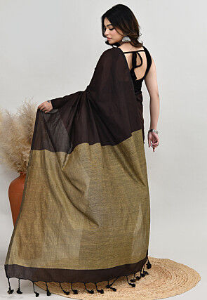 Contrast Cotton Saree in Dark Brown