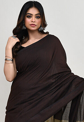 Contrast Cotton Saree in Dark Brown