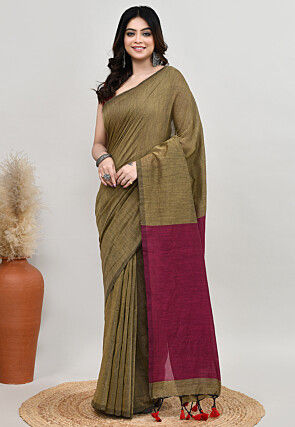 Contrast Cotton Saree in Dusty Green