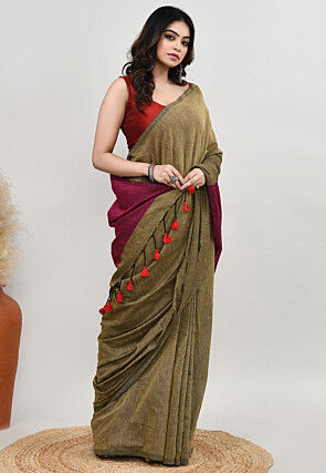 Contrast Cotton Saree in Dusty Green