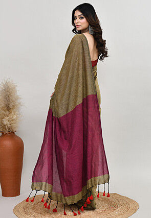 Contrast Cotton Saree in Dusty Green