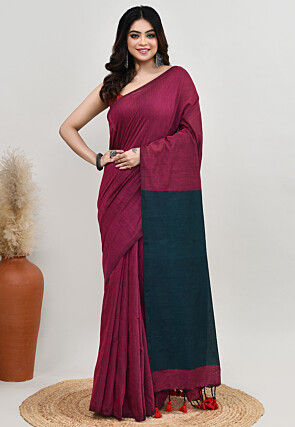Contrast Cotton Saree in Magenta