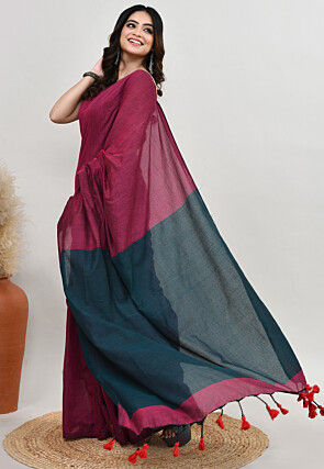 Contrast Cotton Saree in Magenta