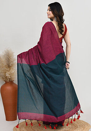 Contrast Cotton Saree in Magenta