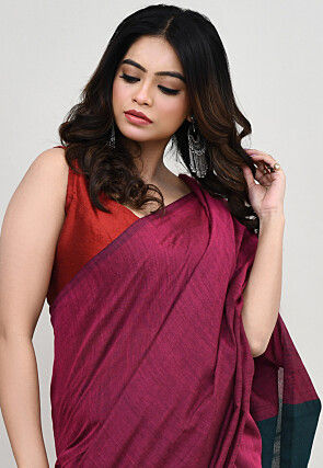 Contrast Cotton Saree in Magenta