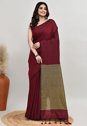 Contrast Cotton Saree in Maroon and Golden