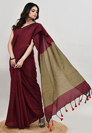 Contrast Cotton Saree in Maroon and Golden