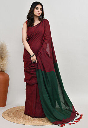 Contrast Cotton Saree in Maroon