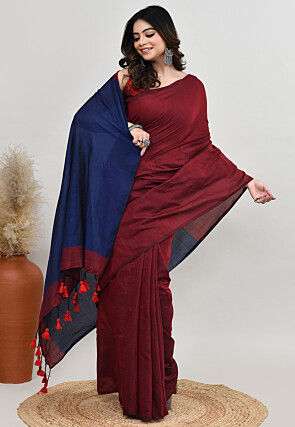 Contrast Cotton Saree in Maroon