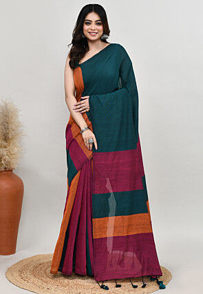 Contrast Cotton Saree in Multicolor