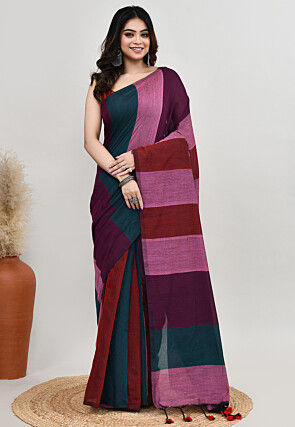 Contrast Cotton Saree in Multicolor